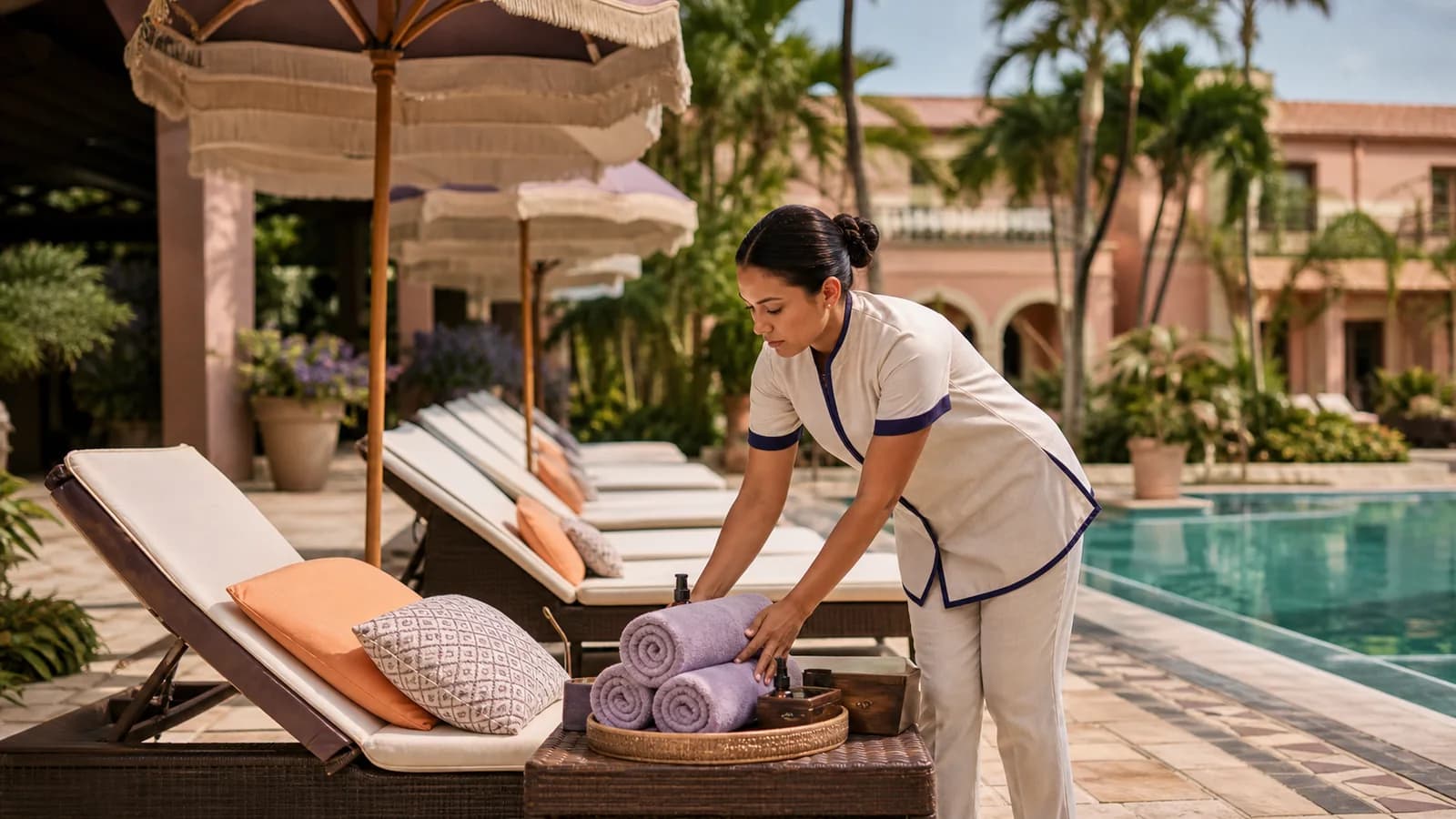 A resort attendant arranging towels beside a pool