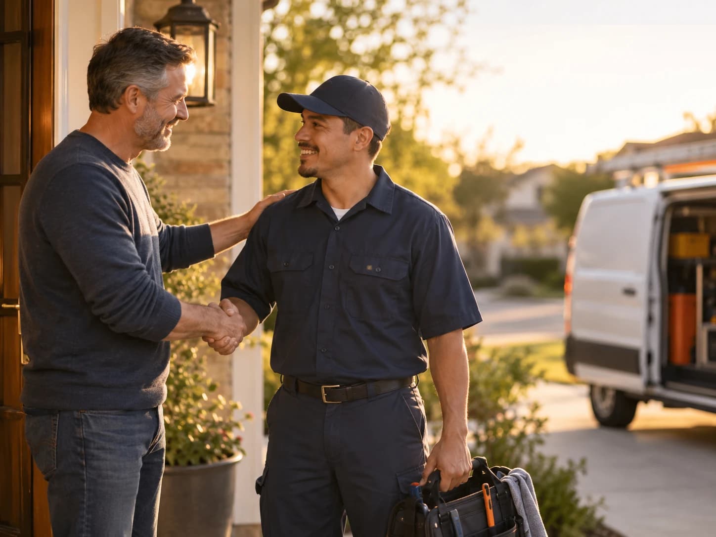 A homeowner shaking hands with a technician to thank him after a job