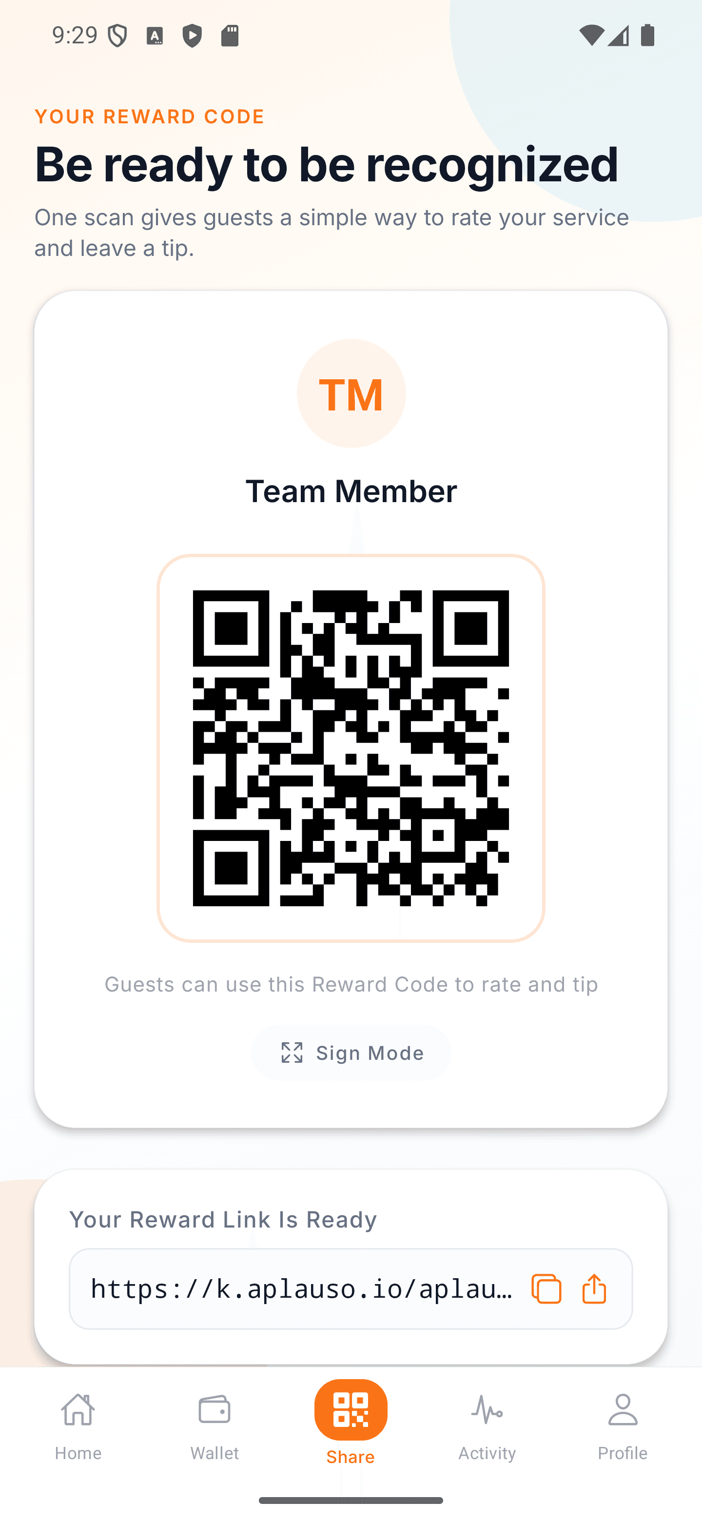 Aplauso Rewards screen showing a personal reward code and shareable link