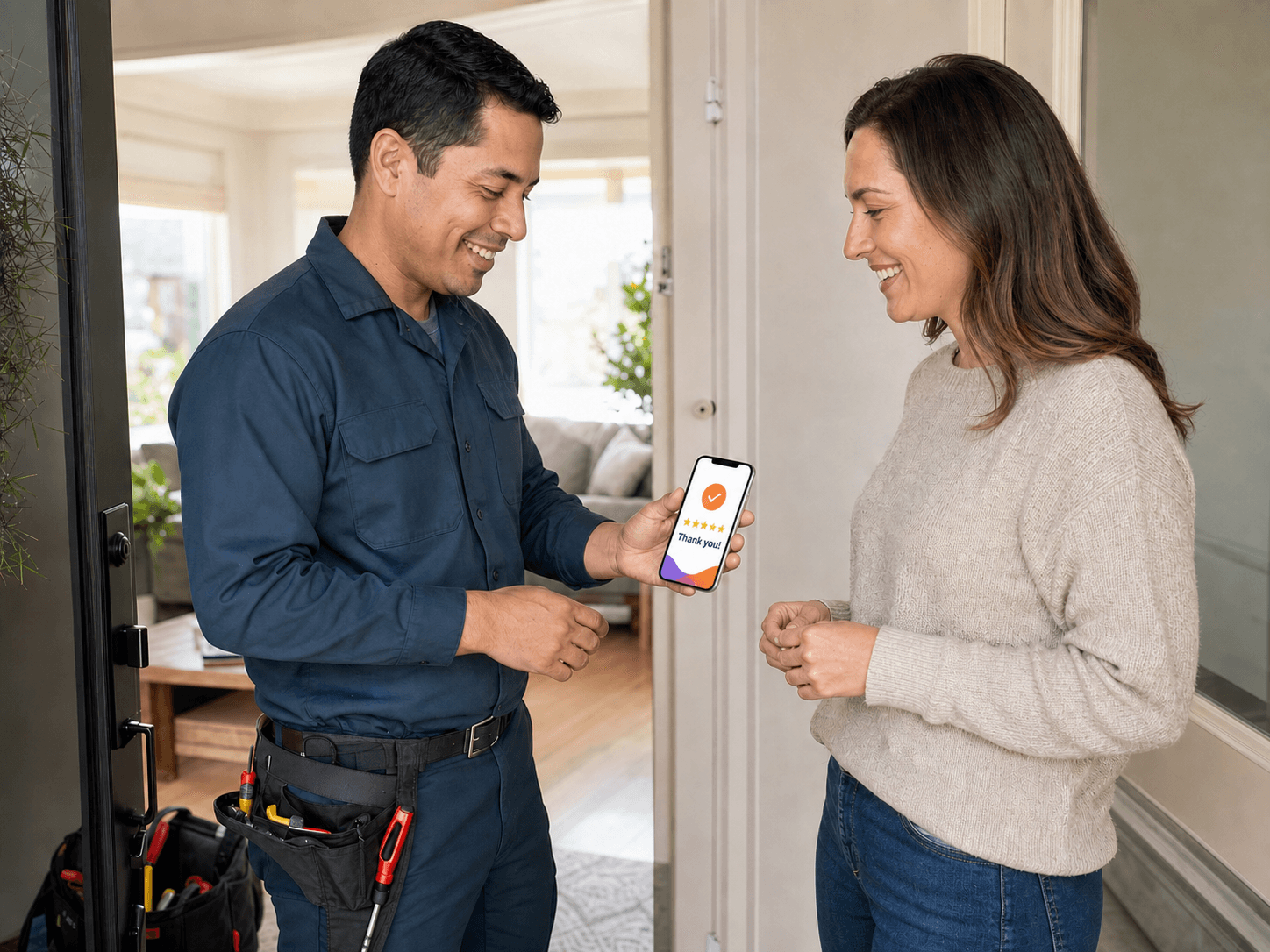 Home service professional sharing an Aplauso completion message