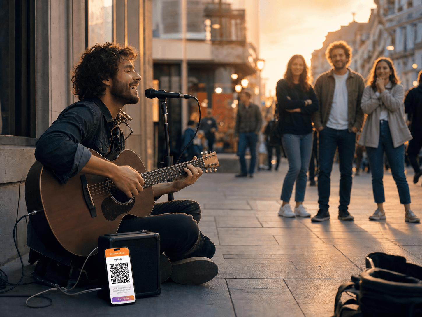 Street performer sharing an Aplauso profile link after a performance