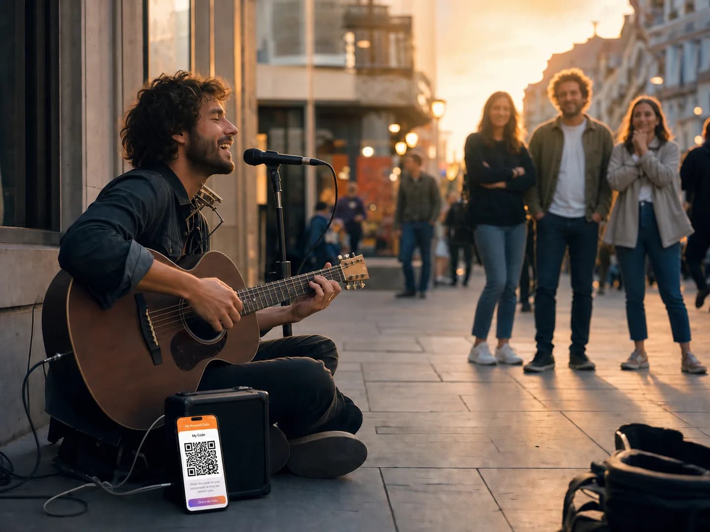 Street performer sharing an Aplauso profile link after a performance