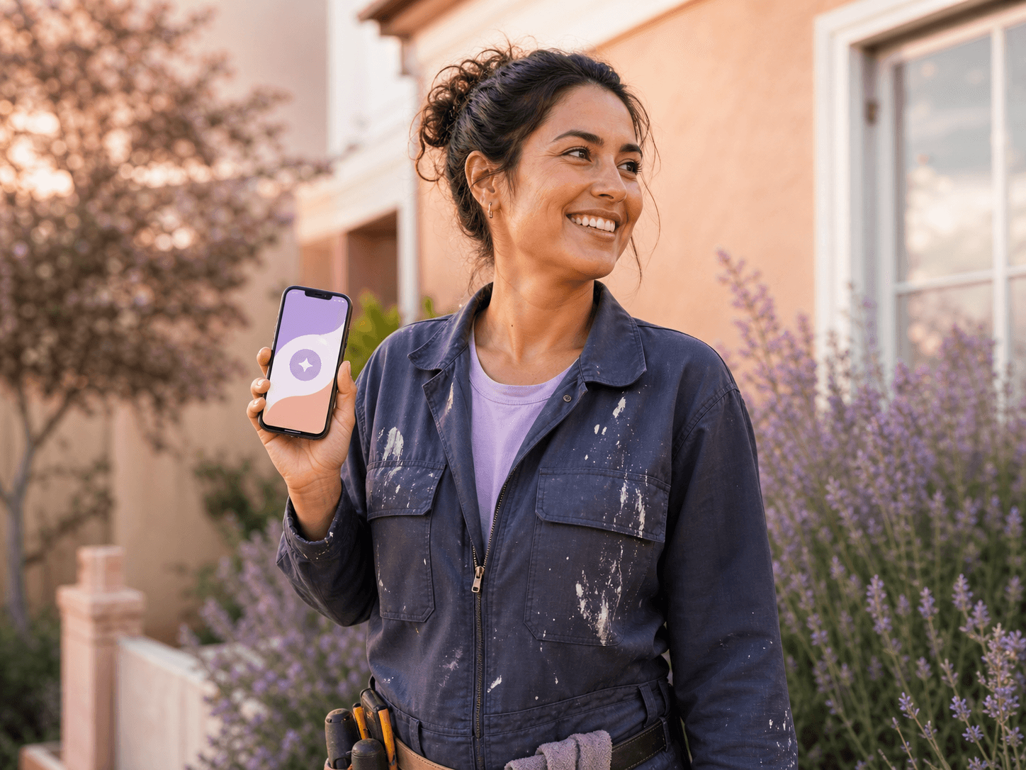 A service professional holding a phone with her Aplauso code